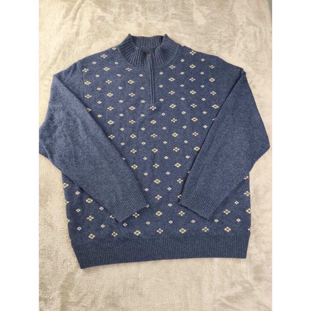 Jos A Bank lambswool quarter zip sweater mens large blue pattern NWT